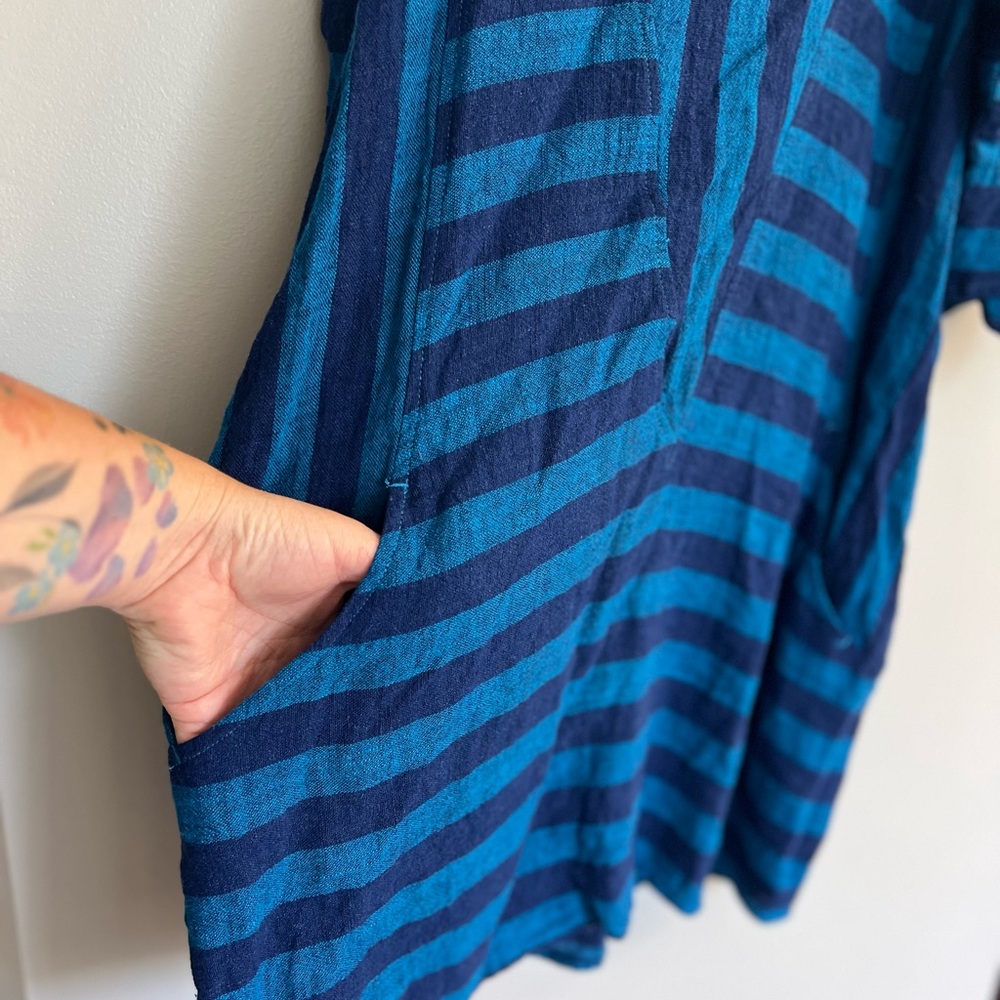 Soft Surroundings Linen Blend Blue Stripe Tunic Top Cold Shoulder Sz M Boho Chic - Picture 4 of 12
